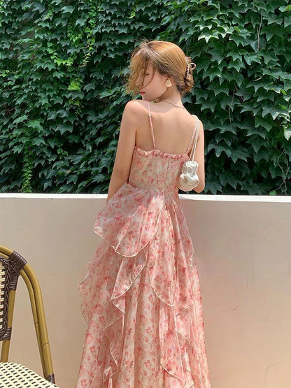 liwuka Summer Pink Floral Ruffle Dress Women French Seaside Holiday Sleeveless Strapless Woman Long Dresses New