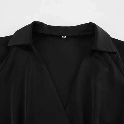 liwuka Elegant Black Satin V Neck Blouse Women Street Solid Lantern Sleeve Woman Blouses Fashion Casual Pullover Tops Female 2024