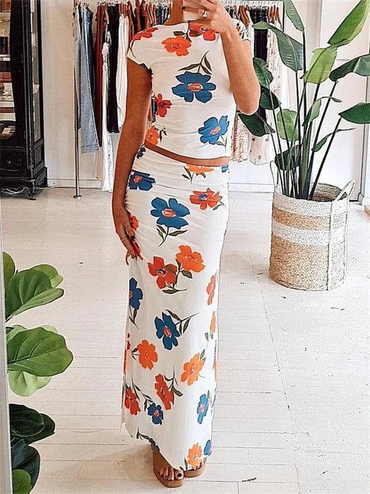 liwuka Floral 2Pieces Dress Sets Summer Women Top Skirt Suits Elegant Fashion Backless Short Sleeve T-shirts+Wrap Long Skirts