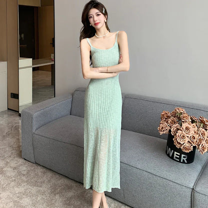 liwuka Summer Green Knitted Bodycon Sling Long Dress Women Fashion Casual Birthday Dress 2024 Korean Vintage Elegant Party Night Dress