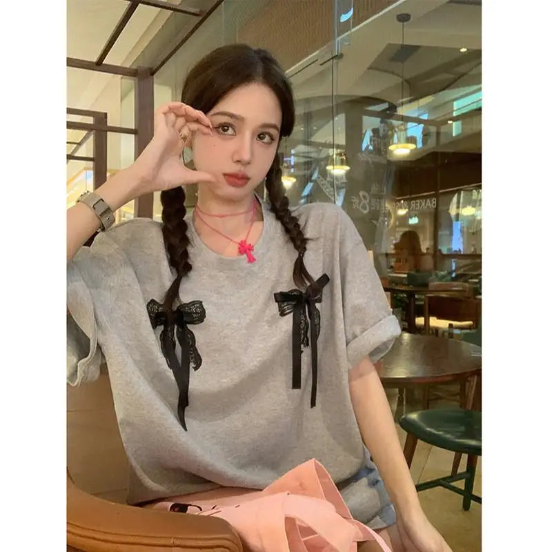 liwuka 2024 New Arrival Summer Women All-matched Casual Short Sleeve O-neck Tops Tees Korean Style Bow Print Loose Cotton T-shirt V978