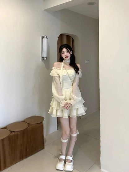 liwuka Long Sleeve Elegant Mini Dress Lolita Pure Color Short Party Dress Woman Casual Spring Sweet One Piece Dress Korean Fashion