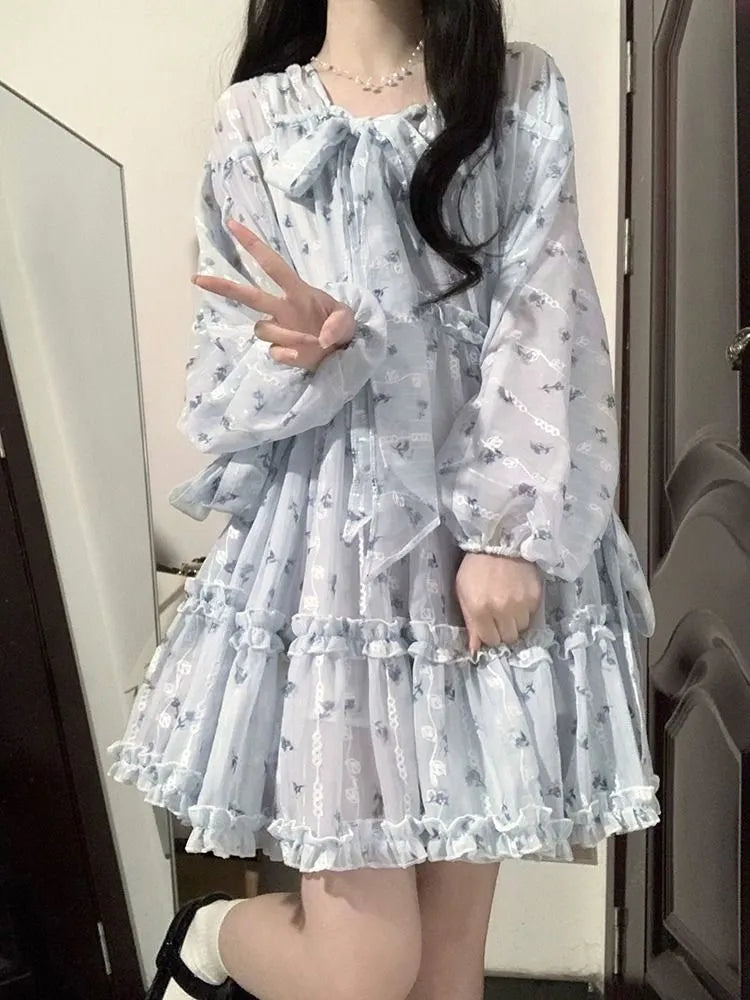 liwuka Fairycore Cute Floral Blue Lolita Dress Women Kawaii Japanese Style Sweet Ruffles Long Puff Sleeve Mini Dresses Autumn