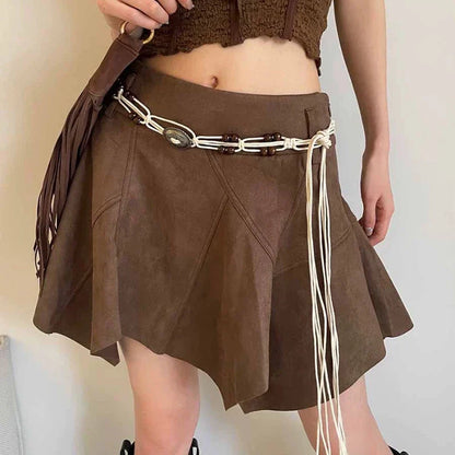 liwuka Vintage Leather Skirt Y2k Women Ruffle Gothic Solid Irregular Streetwear Short Skirt Retro A-line Aesthetics Skirts