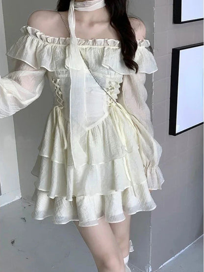 liwuka Long Sleeve Elegant Mini Dress Lolita Pure Color Short Party Dress Woman Casual Spring Sweet One Piece Dress Korean Fashion