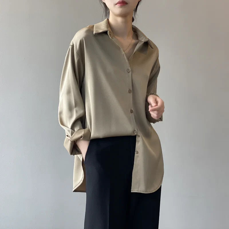 liwuka Button Up Satin Silk Shirt Vintage Blouse Spring Fashion Women Korean Tops Lady Long Sleeves Loose Street Shirts Blusas