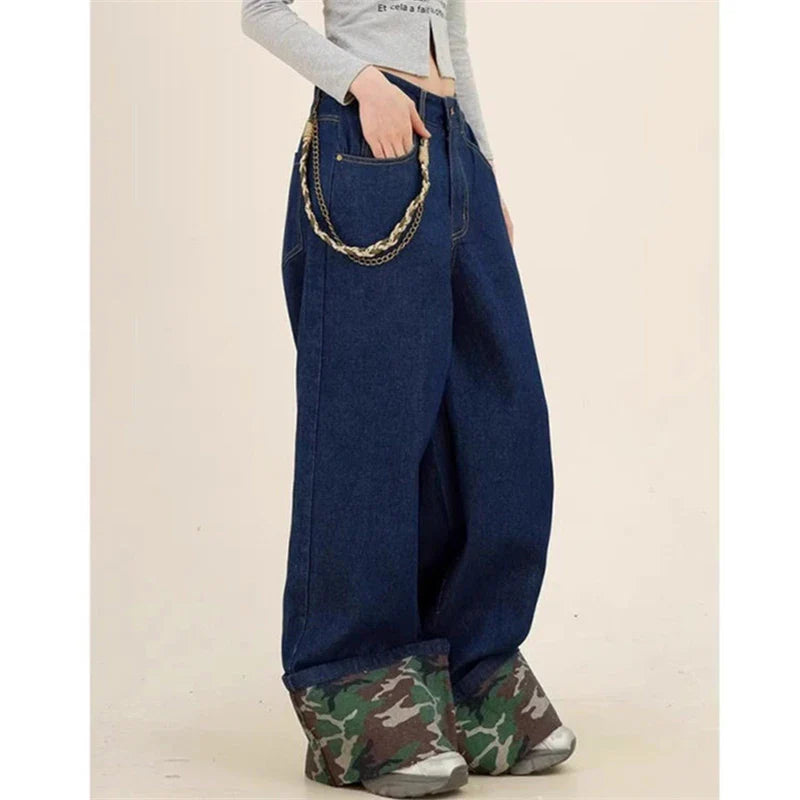 liwuka Women's Splicing Camouflage Rolled Edge Jeans Street Girl Bottoms Wide Legs Pants Female Fashion Blue Denim Trousers