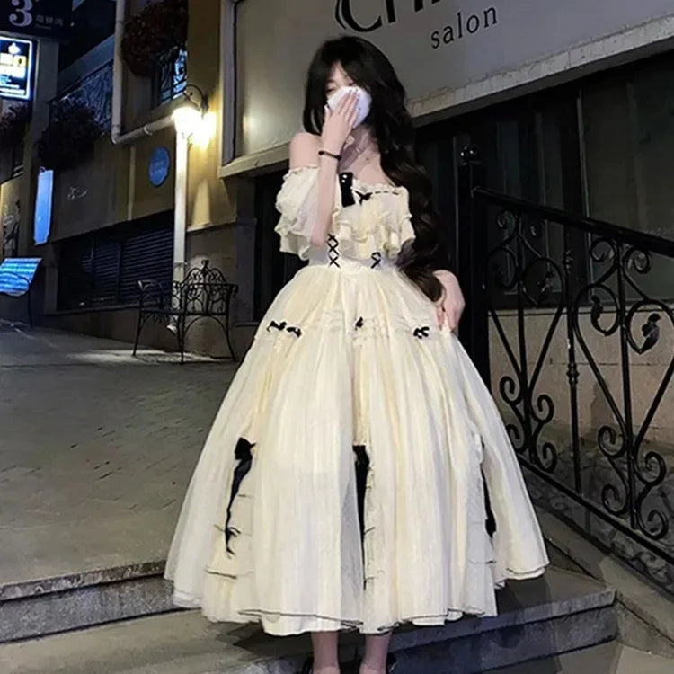 liwuka Elegant Sweet Princess Lolita Dress Women Japanese Slash Neck Short Sleeve Ball Gown Dress Female Evening Party Y2k Fairy Dress