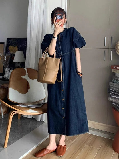 liwuka Retro Blue Denim Dress For Women'S Summer Casual Washed Pear Shaped Figure Slimming And Loose Fitting Long Skirt