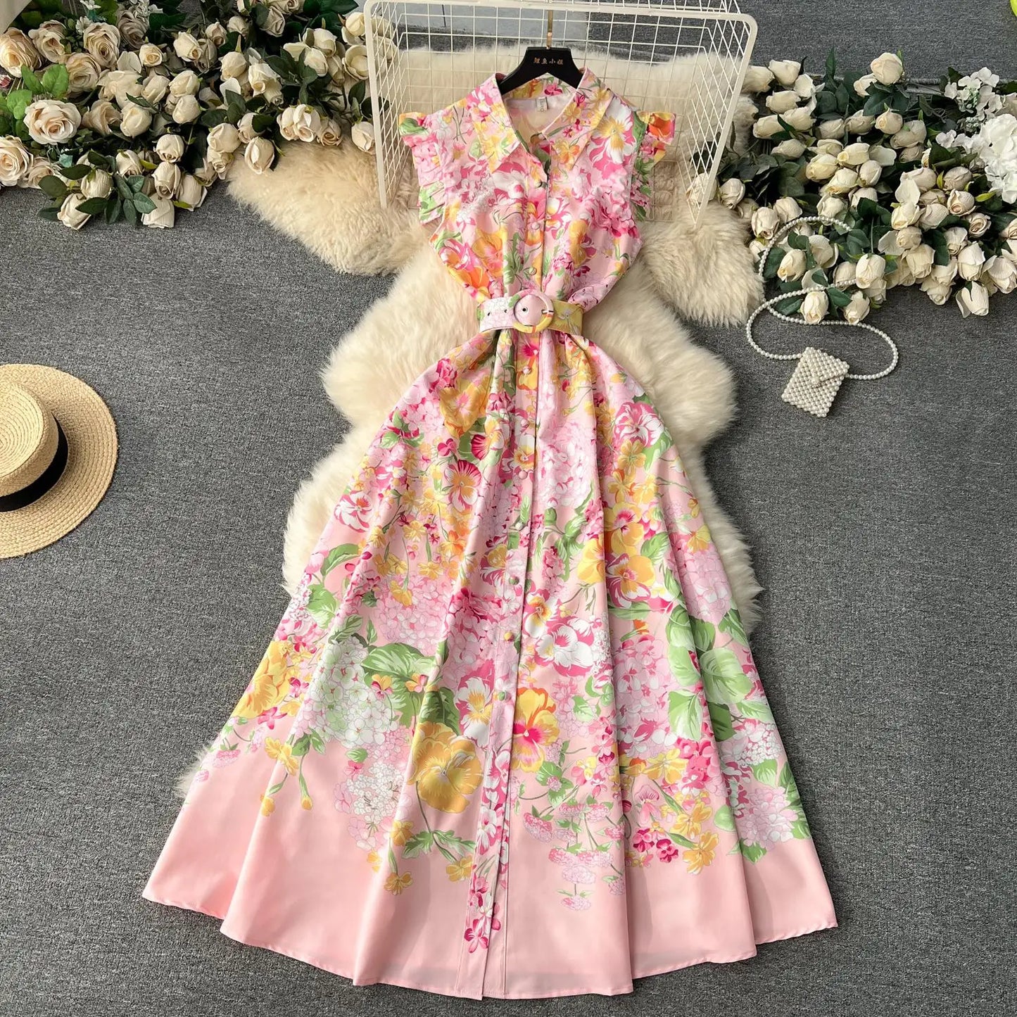 liwuka New Fashion 2024 Summer Holiday Long Dress Women's Gorgeous Sleeveless Turn Down Neck Floral Print Belt Robe Beach Vestidos