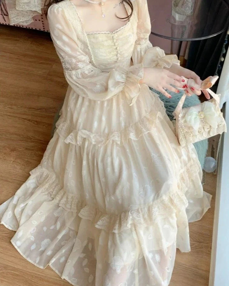 liwuka Court Vintage Fairy Dress Women Sweet Ruffles High Waist Elegant Princess Dress Female Summer Casual Classy Party Dress New