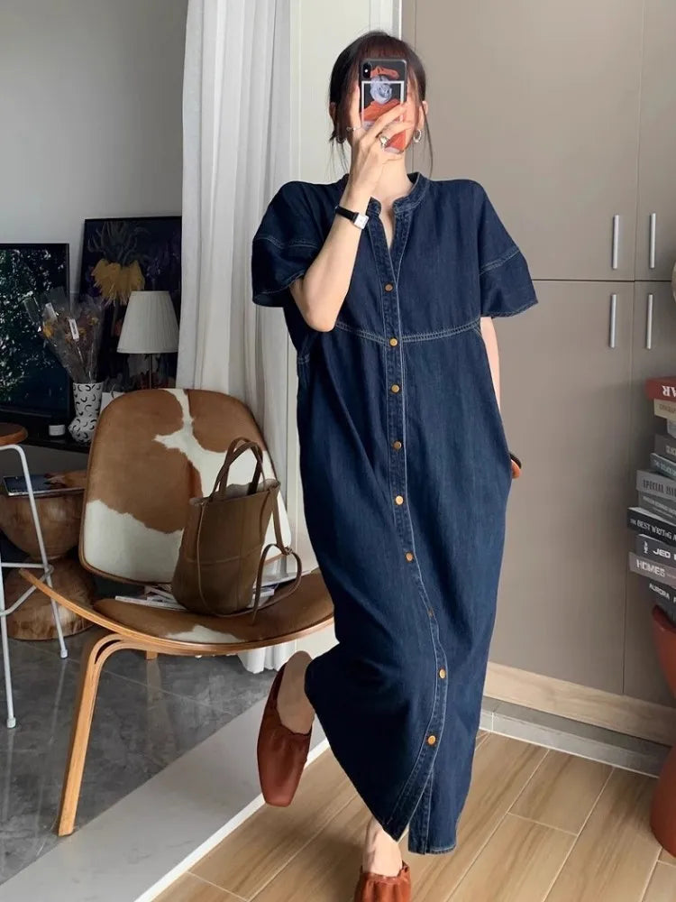 liwuka Retro Blue Denim Dress For Women'S Summer Casual Washed Pear Shaped Figure Slimming And Loose Fitting Long Skirt