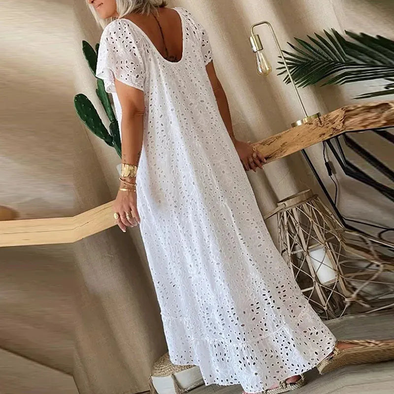 liwuka Summer Solid Color Short Sleeve Dress Female Casual Lace Crochet Pleated Maxi Dress New Fashion Hollow Out Backless Loose Dress