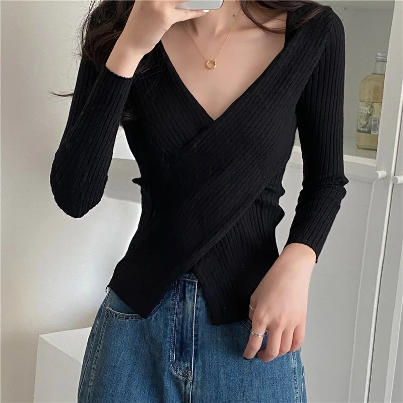 liwuka Autumn Winter Knitwear Tops Fashion Female Long Sleeve Skinny Elastic Casual V-neck Knitted Shirts Women Pullover Sweaters