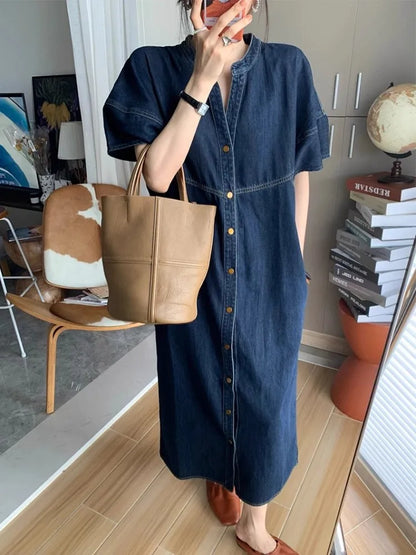 liwuka Retro Blue Denim Dress For Women'S Summer Casual Washed Pear Shaped Figure Slimming And Loose Fitting Long Skirt