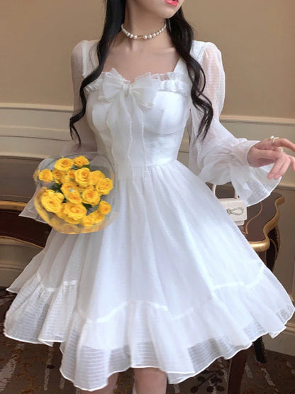 liwuka White Kawaii Dress Women Chiffon Lolita Style Long Sleeve Mini Dresses Bow Fairy Robe Ruffles Patchwork Square Collar