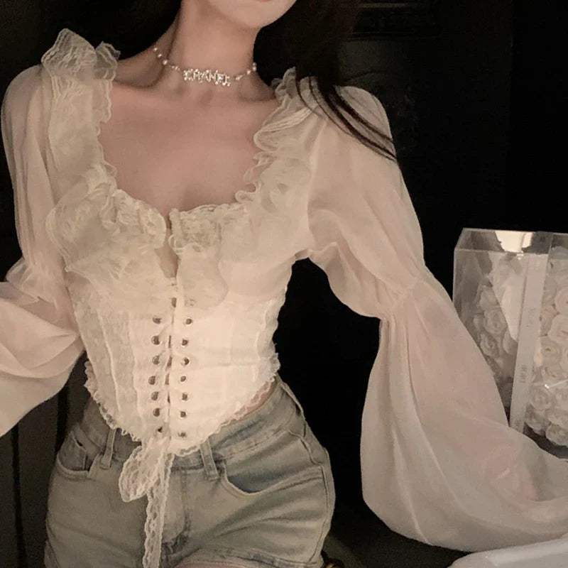 liwuka Elegant Women Lace Ruffles Chiffon Blouses Cross Tie-Up Front Lantern Sleeve Shirts Fashion Spring Casual Crop Tops Y2K Clothes