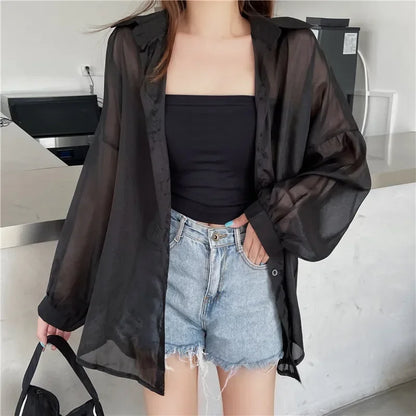 liwuka Fashion Women Holiday Beach Shirts See Through Chiffon Blouse New Summer Tops Sun Protection Clothes Long Sleeve Blusas