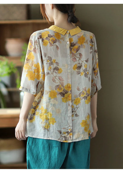 liwuka Women Summer Casual Shirts New Vintage Style Floral Print Loose Comfortable Cotton Linen Female Half Sleeve Tops