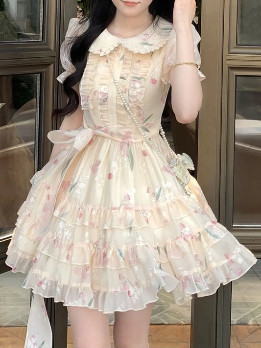 liwuka Japanese Kawaii Retro Mini Dress Women Casual 2000s Vintage Y2k Lolita Even Party Floral Dress Female Chic Summer Short Sleeve