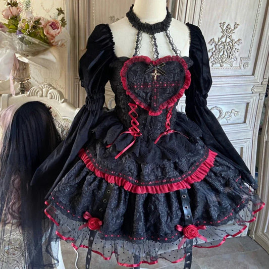 liwuka Gothic Lolita Jsk Dresses Victorian Women Elegant Lace Halter Neck Dark Mini Dress Girls Punk Y2K Halloween Holiday Party Dress