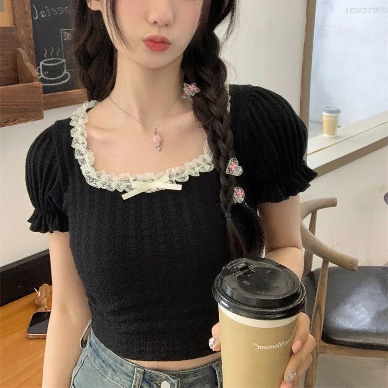 liwuka Sweet Kawaii Short Sleeve Women Pink Bow Lace Korean Style Crop Top Slim Up Cute Patchwork Black Summer Aesthetics Tees