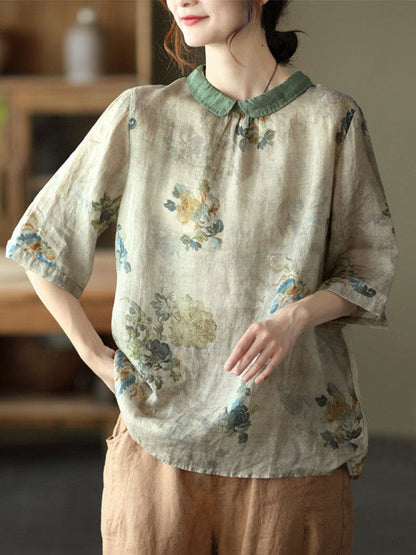 liwuka Women Summer Casual Shirts New Vintage Style Floral Print Loose Comfortable Cotton Linen Female Half Sleeve Tops