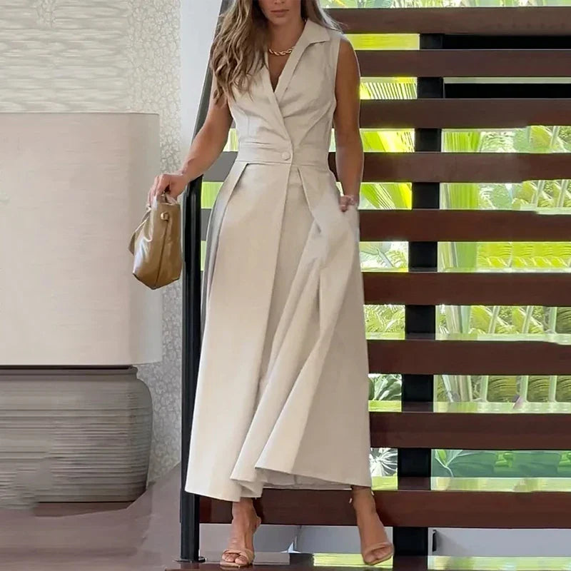 liwuka Maxi Dress Women Summer Elegant Office Solid V Neck Lapel Sleeveless Vest Nipped Waist With Pockets Pleated Long Dress