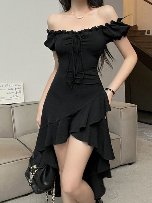 Elegant Vintage Black Dress Women Summer Ruffles Patchwork Sexy Off Shoulder Slim Irregular Chic Harajuku Casual Dresses