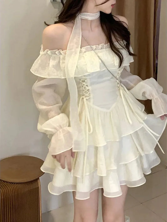 liwuka Long Sleeve Elegant Mini Dress Lolita Pure Color Short Party Dress Woman Casual 2024 Spring Sweet One Piece Dress Korean Fashion