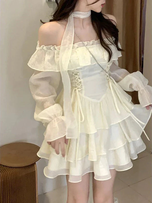 liwuka Long Sleeve Elegant Mini Dress Lolita Pure Color Short Party Dress Woman Casual Spring Sweet One Piece Dress Korean Fashion