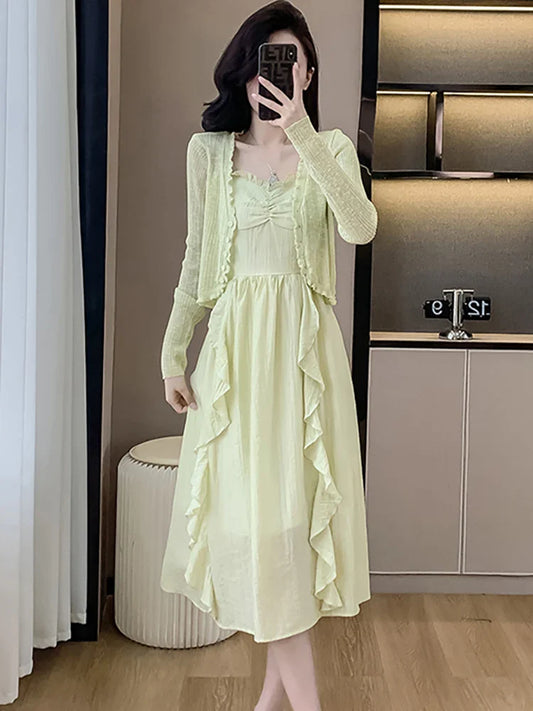 liwuka Spring Summer Korean Fashion Elegant Holiday Dress Suits 2024 Women Green Knitted Cardigan+Ruffled Casual Sling Long Dress Suits