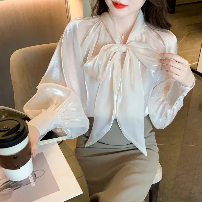 liwuka Korean Style Shirt Female Big Bow Tie Blouse Retro Lantern Long-Sleeved Elegant Blouses Women Spring New Pink Organza Tops