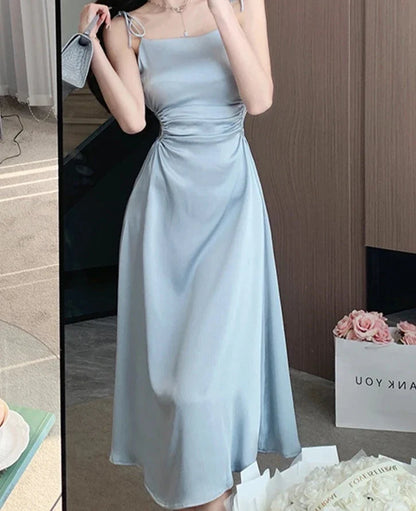 liwuka Solid Color Sling Dress Women's Summer Korean Elegant Lady Pleated Dress Fashion Beach Sexy Backless A-line Dresses