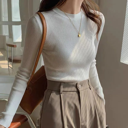 liwuka Korean Fashion Women Round Neck Sweaters Knitted Long Sleeve Pullovers Autumn Winter Bottoming Shirts Soft Inner wear Jumper Top