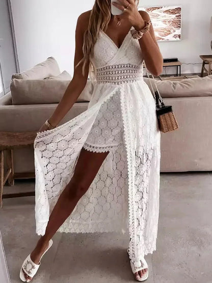 liwuka Women Spaghetti Straps Long Beach Dress Boho Summer Sleeveless Hollow Out Floral Lace Playsuit Sundress Lady Outfit