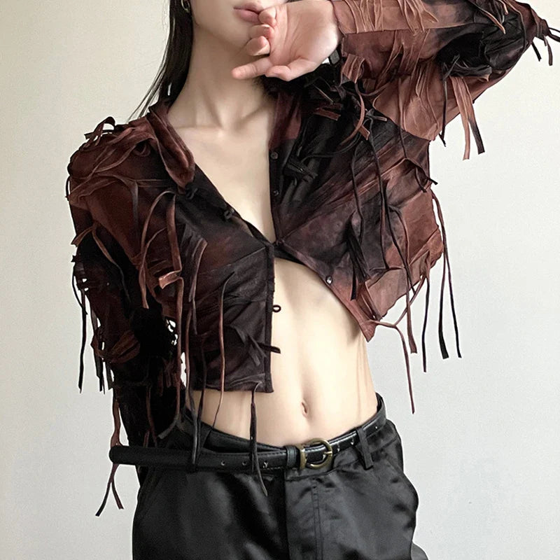 liwuka Goth Dark Fairy Grunge Y2k Tassel Hooded Cardigans Vintage Gothic Long Sleeve Women Blouses Streetwear Single-breasted Crop Tops