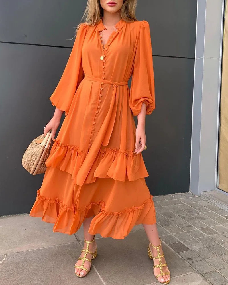 liwuka Orange Ruffles Midi Dress For Women Lantern Sleeve Button Solid Dress With Belt Daily Vacation Party Vestido