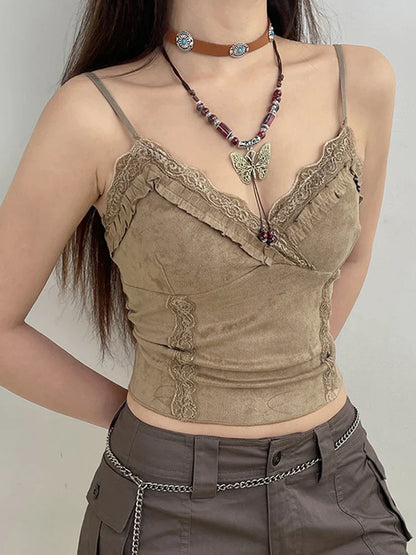 liwuka y2k Lace Mini Vest Women Spaghetti Strap Khaki Crop Top Women Harajuku Basic Casual Sweats Vintage Chic Camis Summer