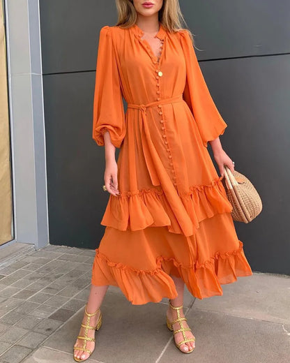 liwuka Orange Ruffles Midi Dress For Women Lantern Sleeve Button Solid Dress With Belt Daily Vacation Party Vestido