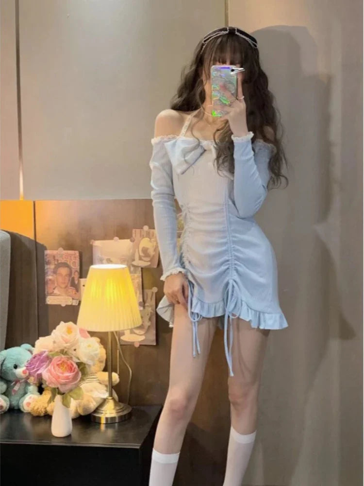 liwuka Korean Fashion Dresses Style Party Mini Dresses Women Strapless Sexy Kawaii Dresses Women Long Sleeve Lace Kawaii Lolita Dresses