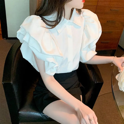 liwuka Black Lantern Short Sleeve Blouse Camisas Wild Casual Blusas Mujer De Moda 2024 New White Shirts for Women Clothes Crop Tops