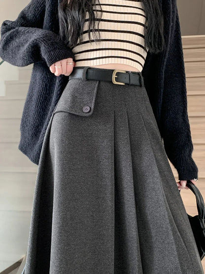 liwuka Women's A-line Black Pleated Skirt Vintage 90s Aesthetic Y2k Grey Long Skirt Harajuku Korean Skirts 2000s Clothes 2024