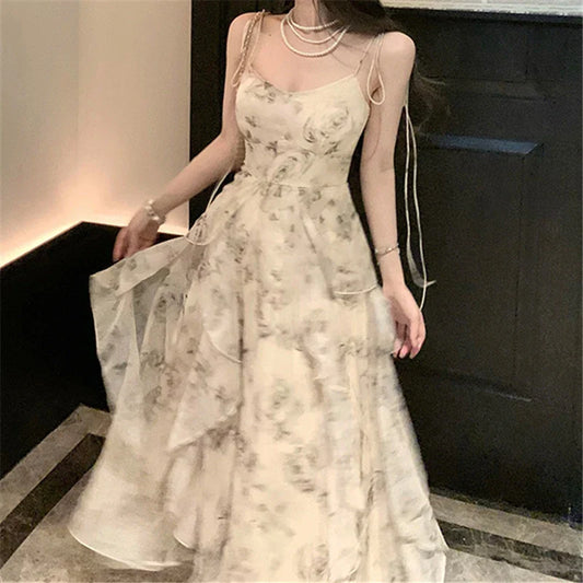 liwuka Vintage Shivering Print Dress for Women Sling Sleeveless Slim Flounce Chiffon Casual Korean Long Dresses Female Clothing Summer