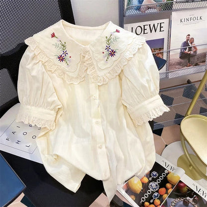 liwuka Women Shirt Peter Pan Collar Floral Embroidery Hollow Out Ruffles Blouses French Casual Fashion Sweet Short Puff Sleeve Tops