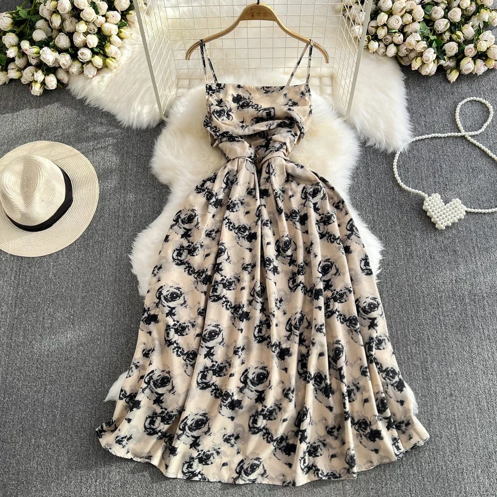 liwuka 2024 New Summer Romantic Floral Print Long Dress Vintage Rose Print High Waist Spaghetti Strap Summer Dress Lady Beach Sundress