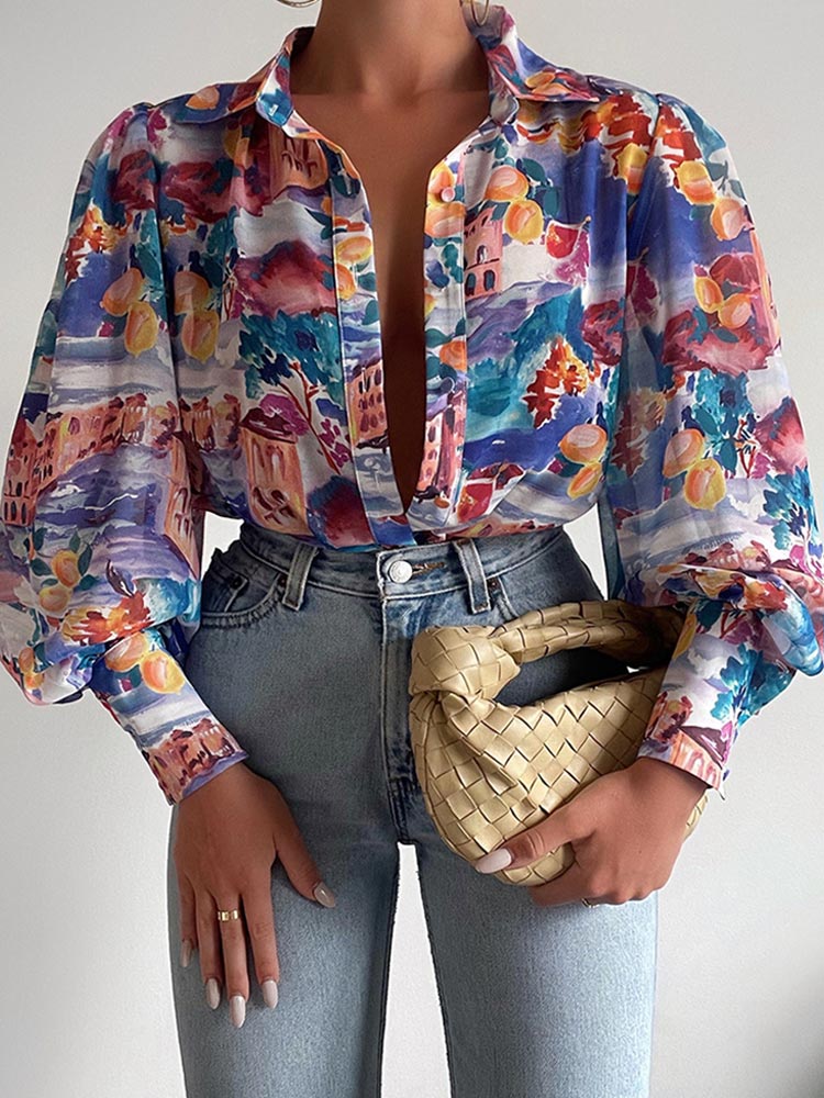 liwuka Women's Floral Print Puff Sleeve Shirt Female Elegant Casual V Neck Shirts Spring Summer Fashion Office Ladies Tops Blouses