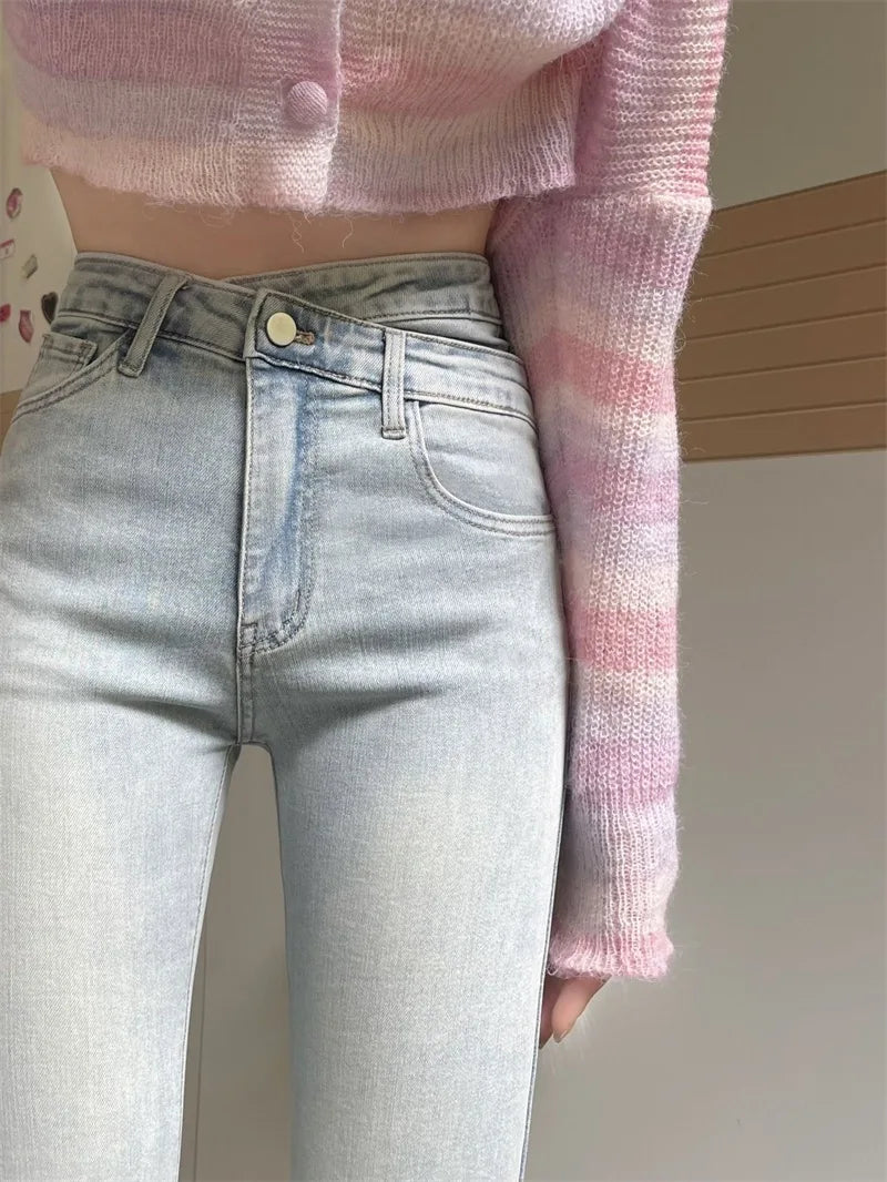 liwuka Irregular Light Blue Autumn Women's Jeans Fashion Office Lady High Waist Slim Tight Hip Zipper Simple Female Flare Pants