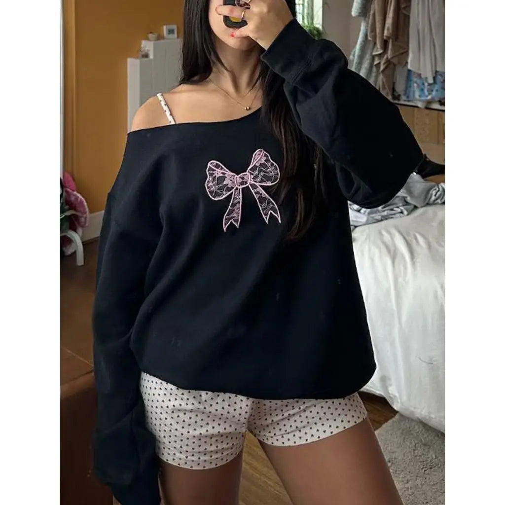 liwuka Women's Y2K Off-Shoulder Hoodies Sweatshirts Cute Aesthetic Print Loose Long Sleeve Pullovers Casual Tops Streetwear