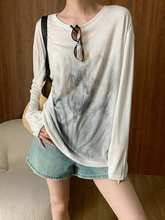 liwuka Spring and summer women's casual graffiti print loose round neck long sleeved T-shirt